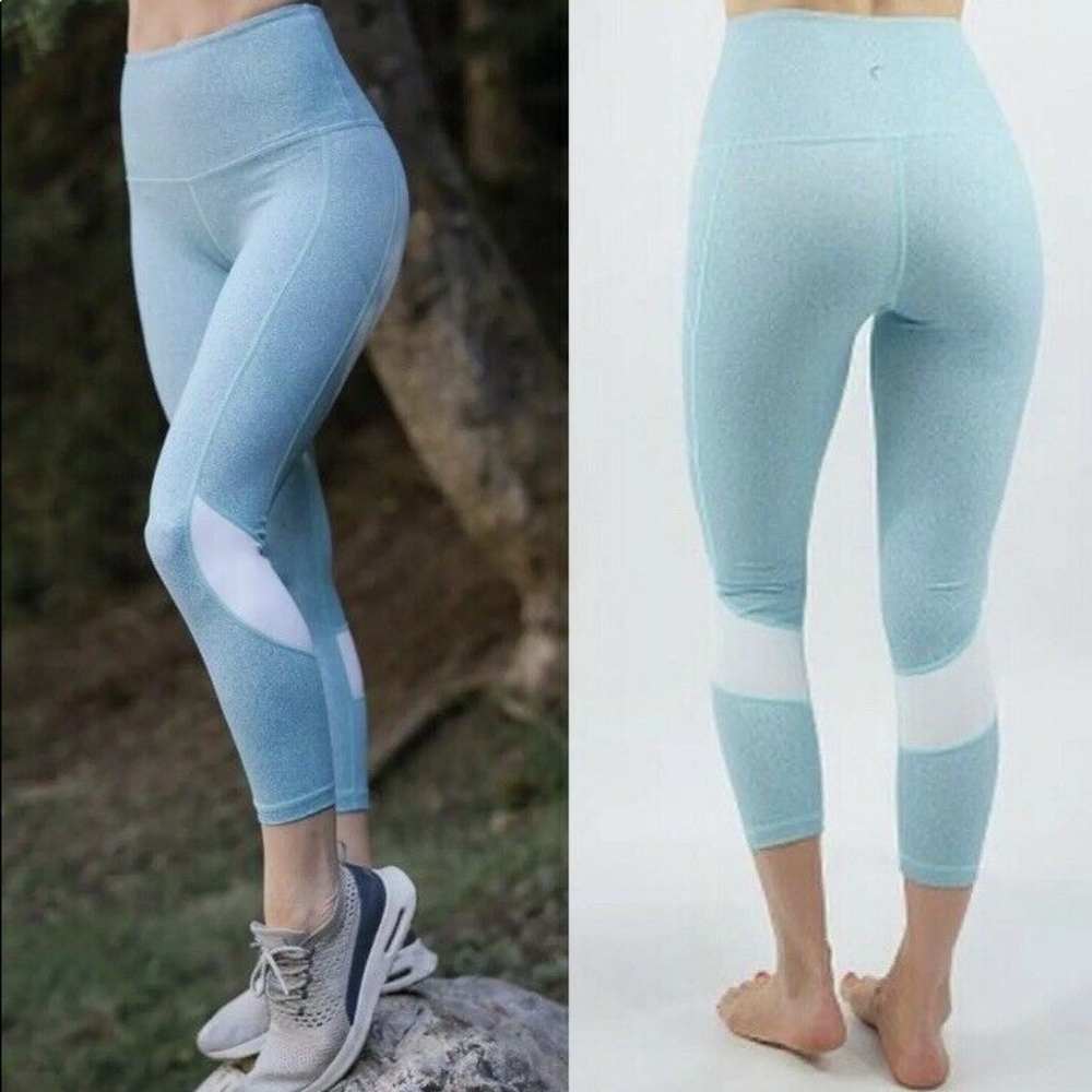 Zyia Teal Blue High Rise Cropped Capri White Insert Leggings Medium